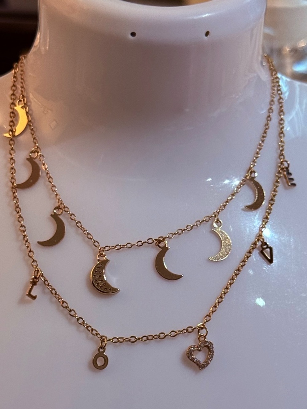Pink Gold Moon & Heart Layered Anklets